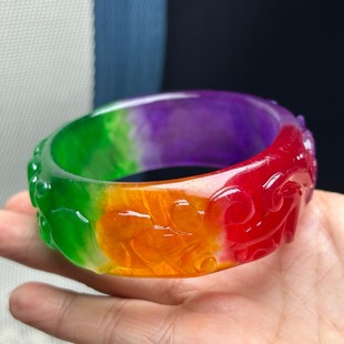 兔前途无量 翡翠色纯原石高冰种紫罗兰飘绿阳绿冰春彩手镯饰品宽版