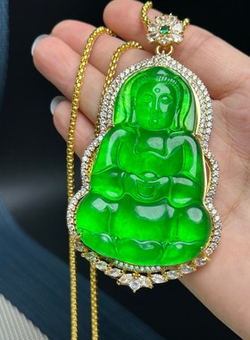 翡翠色冰种飘花观音吊坠冰阳绿色项链帝王绿毛衣链男款银饰镶嵌