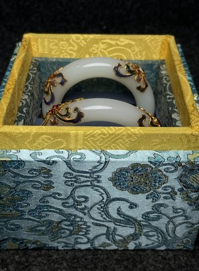 古玩收藏老白玉包金圆条手镯精品正圆女款玉镯子玉手环套装一套