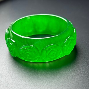 花开富贵 高冰老翡翠色浮雕手镯女老坑冰种玉镯子手环百搭宽版