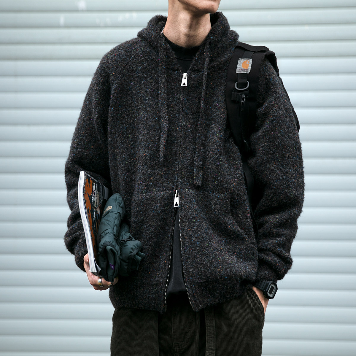 4.3支圈圈羊毛混纱两色连帽慵懒风双拉链开衫毛衣男秋冬宽松外套