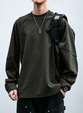 310G菲拉双面水洗插肩袖圆领卫衣男春秋亲肤软糯纯色宽松打底长袖