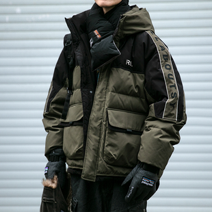 日系潮牌拼接撞色工装羽绒服男冬季新款定格锁温加厚90白鸭绒外套