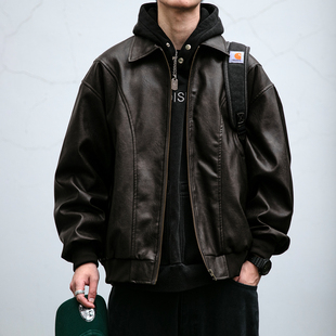 美式 复古解构设计哈灵顿翻领皮衣外套男cleanfit廓形PU机车服夹克