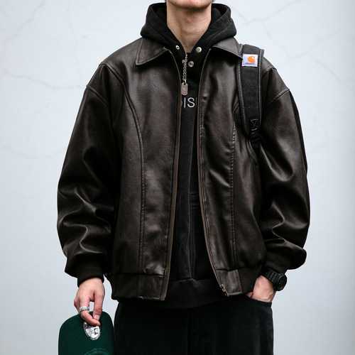 美式解构设计哈灵顿翻领皮衣外套