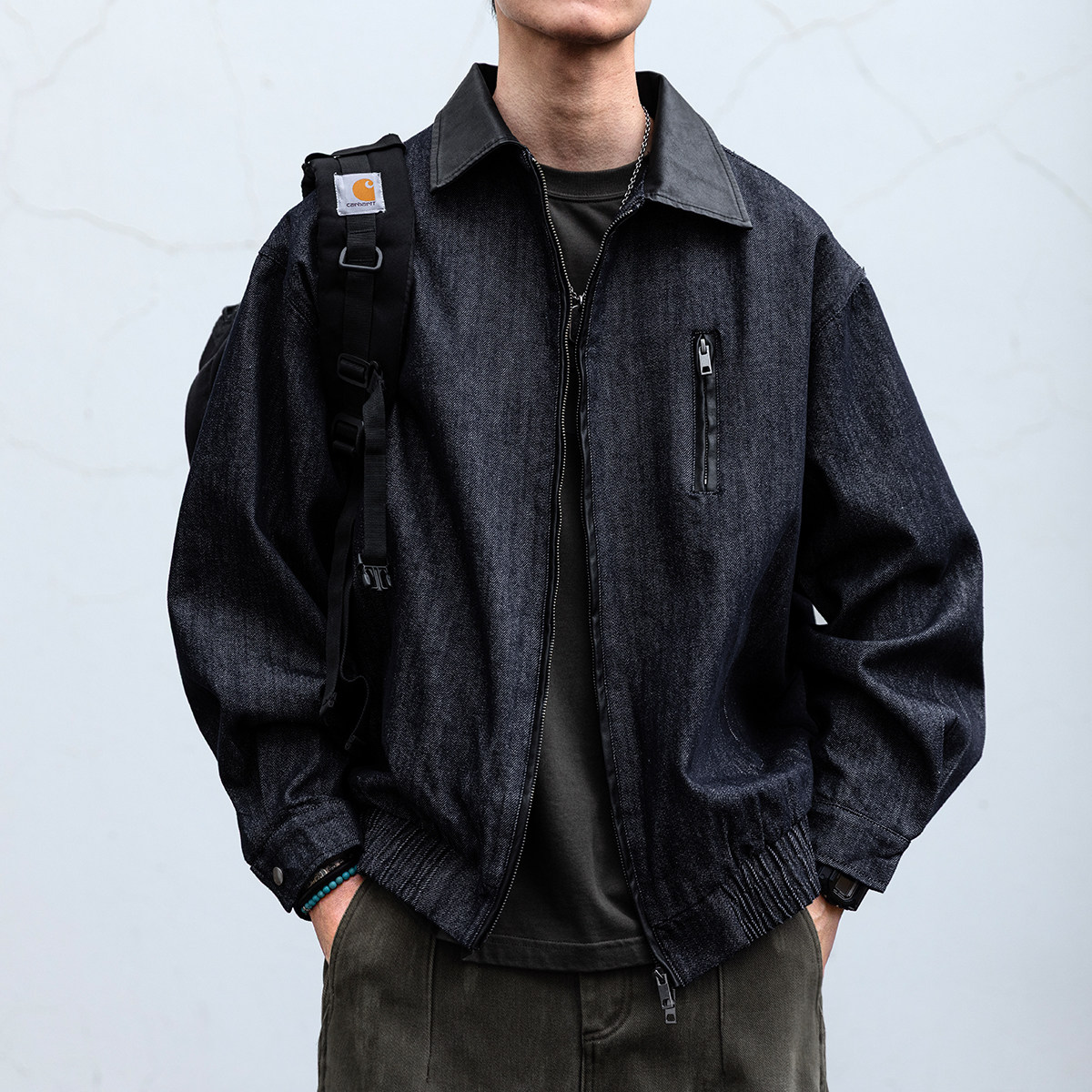 【PU拼接】美式水洗做旧原牛蓝翻领牛仔夹克男2026春季工装外套潮