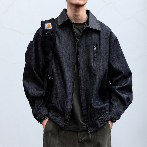 PU拼接原牛蓝翻领牛仔夹克男