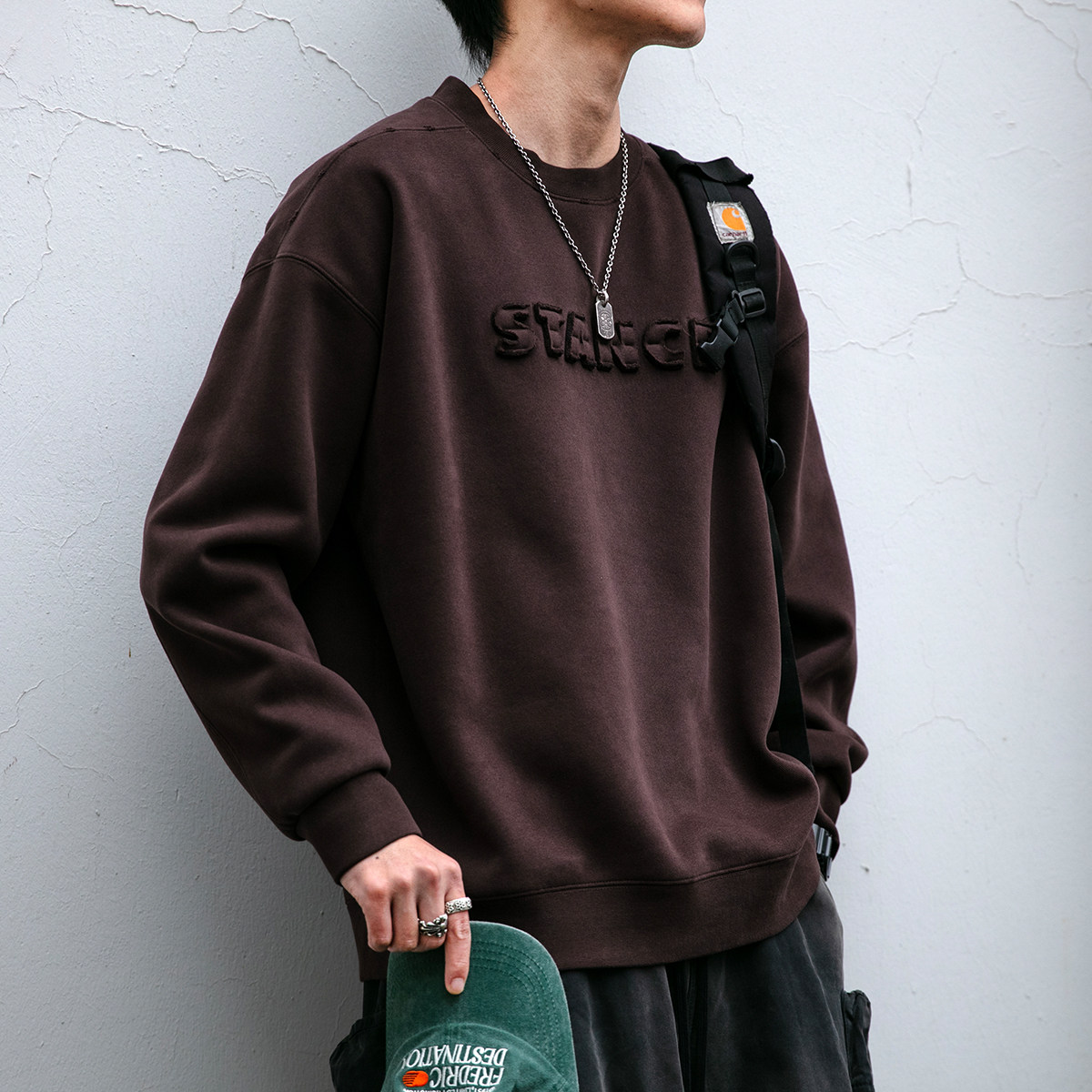 480G重磅字母刺绣圆领加绒卫衣男秋冬潮牌宽松情侣套头加厚外套潮