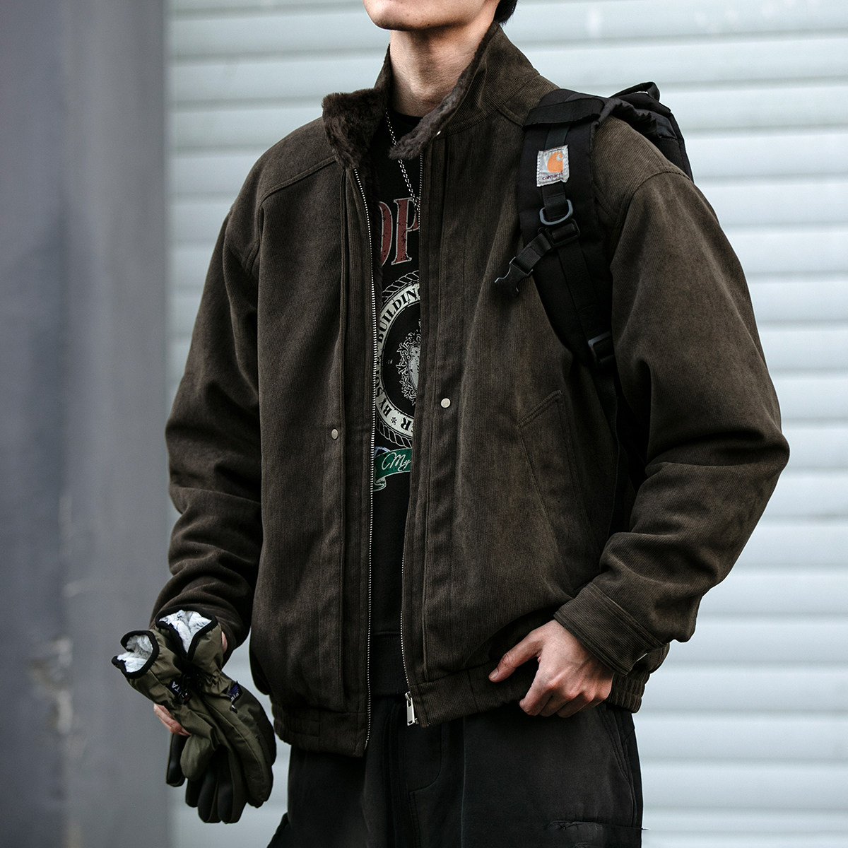 秋冬重磅灯芯绒防风仿兔毛外套男立领加厚保暖锁温工装派克服棉衣