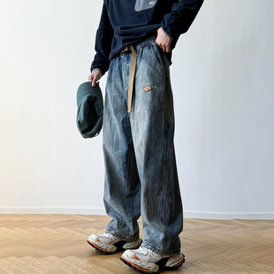 织带装饰 美式复古水洗做旧13OZ松紧牛仔裤男宽松立体裁阔腿裤潮