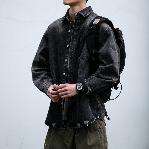 美式复古水洗磨破工艺蓝色牛仔衬衫男春秋新款宽松工装翻领外套潮