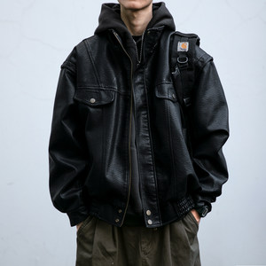 机车潮牌美式复古立领宽松皮衣