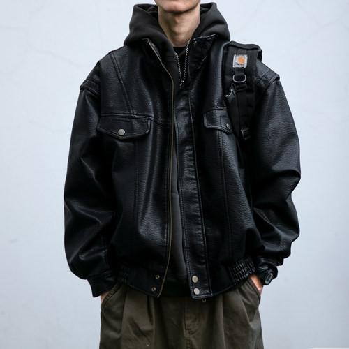 机车潮牌美式复古立领宽松皮衣