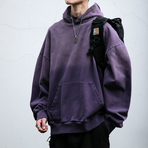 460克重磅成衣蜡染水洗渐变连帽卫衣男春秋宽松情侣纯棉套头外套