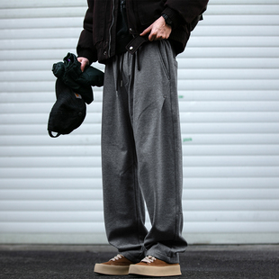 430G定制呢料休闲直筒裤男秋冬潮牌宽松铆钉打褶抽绳松紧毛呢长裤