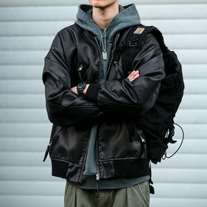 美式复古飞行员PU皮夹克男女短款春秋新款宽松水洗做旧棒球服外套