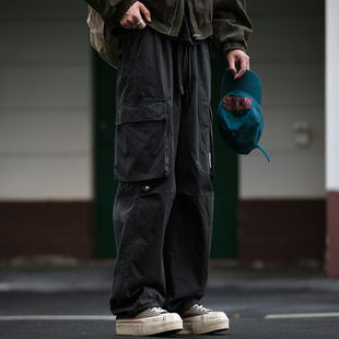 脚松紧直筒裤 男宽松vintage可调节裤 裤 380G蜡染水洗做旧口袋工装