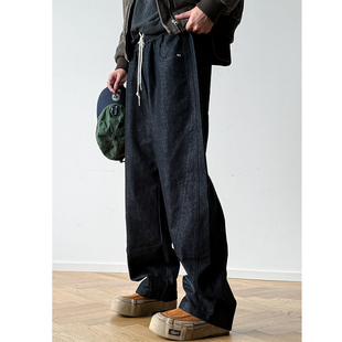 男宽松抽绳百搭阔腿长裤 美式 复古水洗做旧立体解构设计弯刀牛仔裤