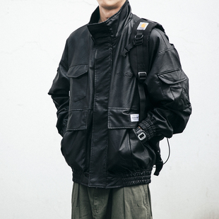日潮工装 外套男春秋潮流宽松立领机车皮衣痞帅休闲百搭夹克情侣装