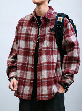 秋冬重磅磨毛红色格子衬衫男长袖宽松情侣百搭休闲工装衬衣外套潮