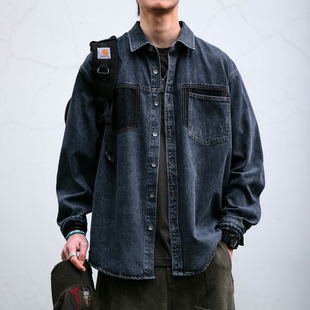 男潮牌水洗做旧外套潮 定织竹节解构拼接设计牛仔衬衫 酵磨炒盐