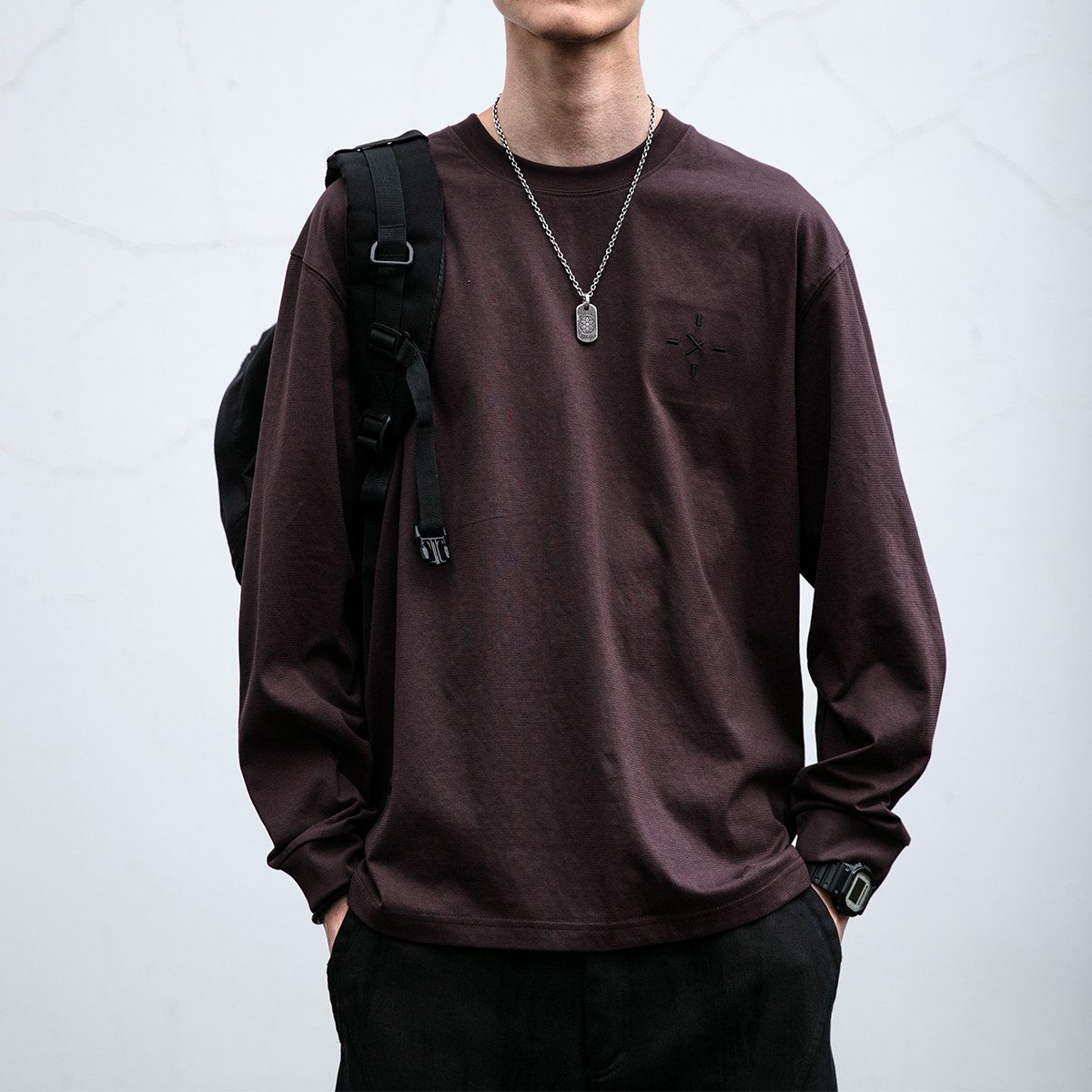 日系潮牌重磅刺绣长袖t恤男春秋新款潮流青年纯色内搭打底衫上衣,男装,T恤,淘宝优惠券,粉丝福利购,淘宝优惠卷