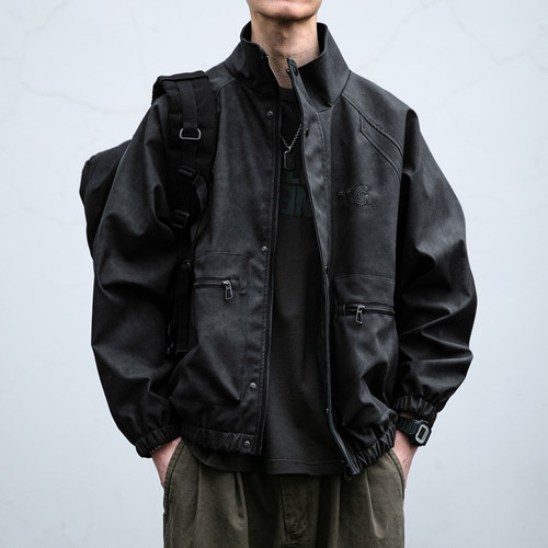 字母刺绣立领机车皮衣男