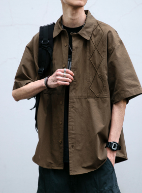 日系复古菱形格工装短袖衬衫男夏季薄款情侣宽松百搭纯色翻领衬衣