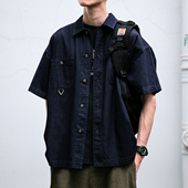 宽松质感翻领工装 美式 衬衣潮 男夏季 新款 复古水洗做旧牛仔短袖 衬衫