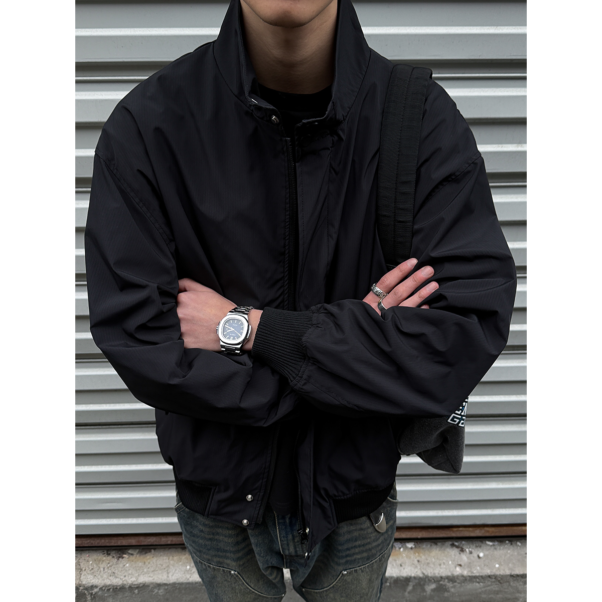 春季美式立领工装夹克男潮牌情侣宽松纯色教练夹克基础款飞行外套