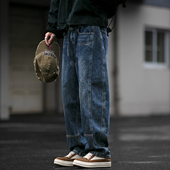男潮牌宽松复古蓝微锥直筒裤 巴家立体多折位14盎司伐木工装 牛仔裤