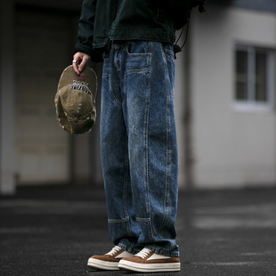 男潮牌宽松复古蓝微锥直筒裤 巴家立体多折位14盎司伐木工装 牛仔裤