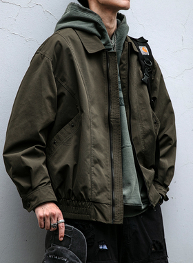 美式复古解构设计翻领工装外套男春秋侧边大口袋宽松百搭休闲夹克
