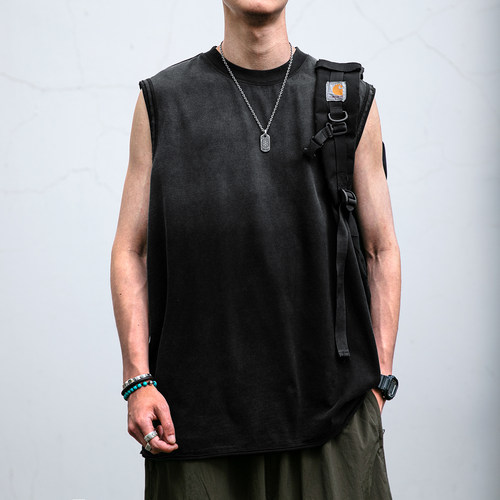 喷马骝水洗渐变做旧坎肩背心男