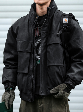冬季新品高级感PU皮立领羽绒服男工装潮流帅气机车白鸭绒外套潮牌