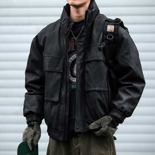 冬季新品高级感PU皮立领羽绒服男工装潮流帅气机车白鸭绒外套潮牌