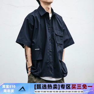 衬衫 日系复古夏季 休闲短袖 潮牌cityboy外套 新款 男女口袋衬衣工装