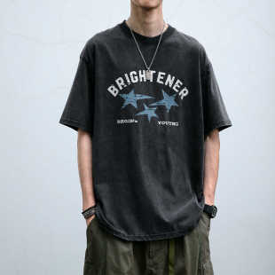 复古高街潮牌宽松情侣半袖 美式 上衣 t恤男士 280g重磅水洗做旧短袖