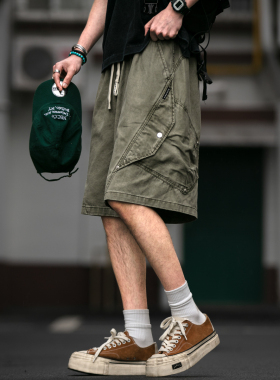 美式复古重工蜡染水洗解构工装短裤男夏季宽松大口袋纯棉五分中裤