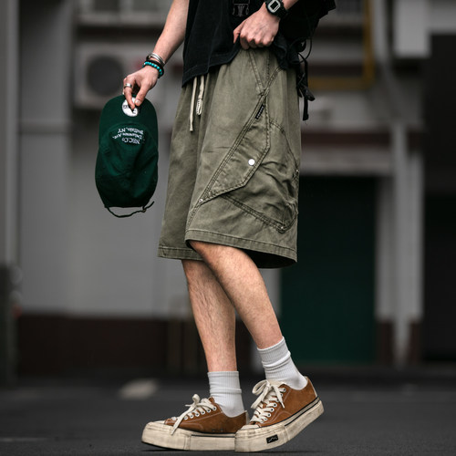 美式重工蜡染水洗解构工装短裤男