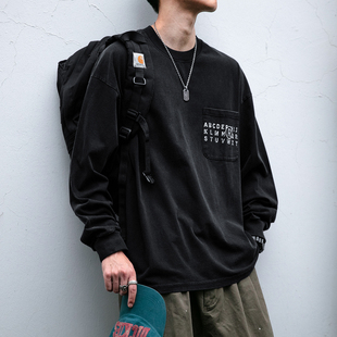 350克精梳棉水洗做旧圆领卫衣男宽松vintage口袋印花纯棉打底衫 潮