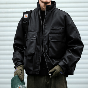 黑色PU皮立领羽绒服男冬季御寒防风白鸭绒羽绒服短款帅气工装外套