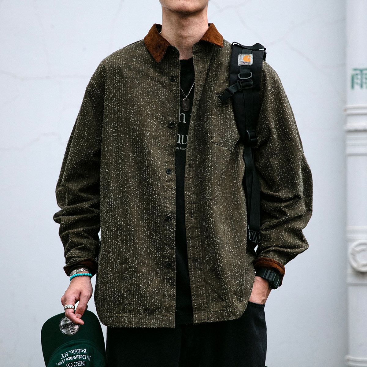 290G酵洗特殊抓毛面料拼色翻领工装衬衫男春秋宽松纯棉质感衬衣潮