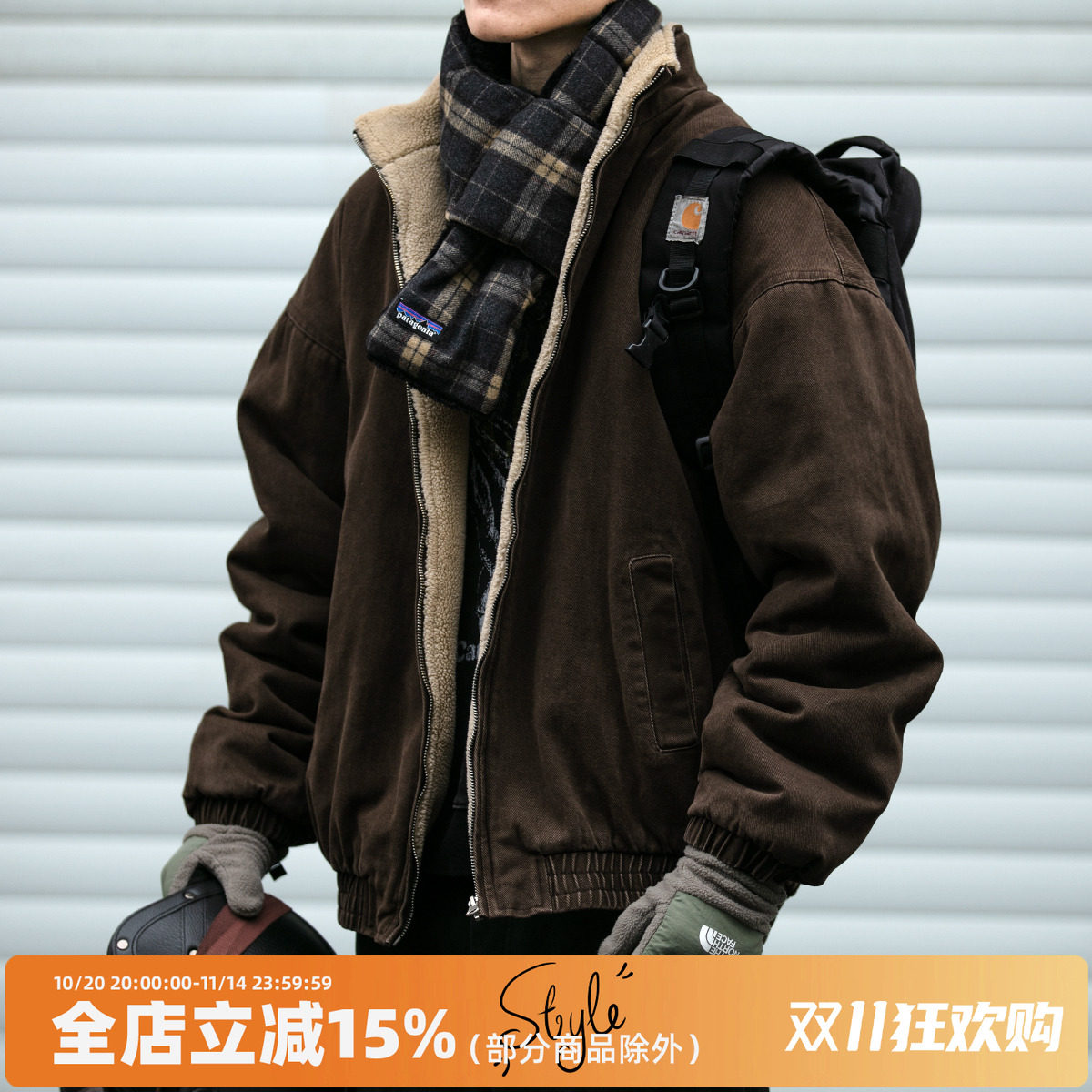 日系复古美拉德立领羊羔绒棉服男冬季潮牌宽松情侣加厚保暖棉袄潮