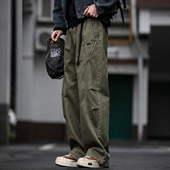 男秋冬宽松双褶纯棉直筒抽绳长裤 重磅380G水洗做旧弧线弯刀工装 裤