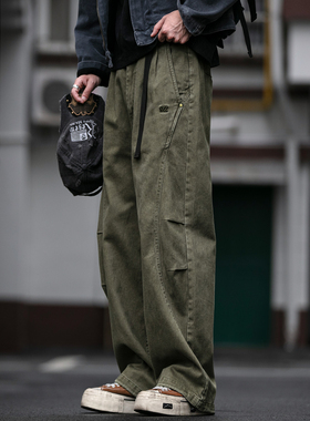 重磅380G水洗做旧弧线弯刀工装裤男秋冬宽松双褶纯棉直筒抽绳长裤