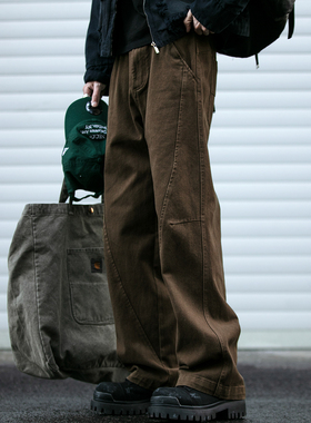 日系复古弯刀弧形工装裤男潮牌春秋clenafit宽松松紧纯棉休闲长裤
