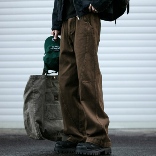 男潮牌春秋clenafit宽松松紧纯棉休闲长裤 日系复古弯刀弧形工装 裤