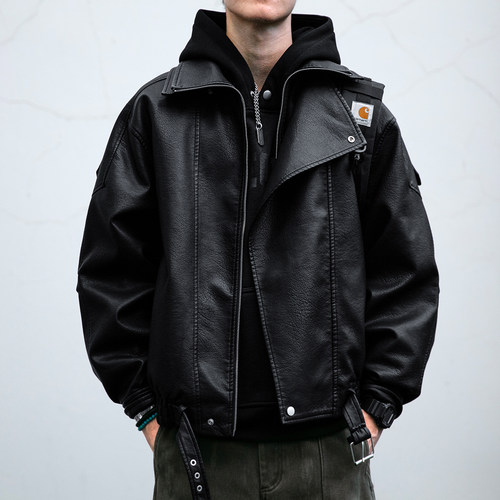 美式复古荔枝纹肌理感PU皮衣外套