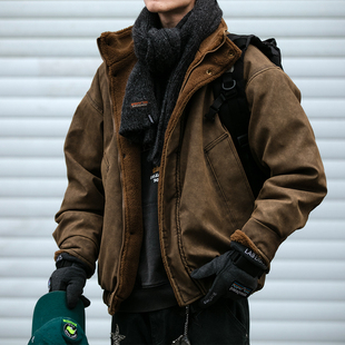 重工水洗做旧羊羔绒棉服外套男冬季立体挺括加厚保暖防风立领棉衣